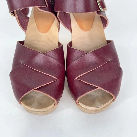 Bryr Emma Cross Toe High Heel Clogs Wine Burgundy One Buckle Peep Toe Size 36 - Picture 5 of 13